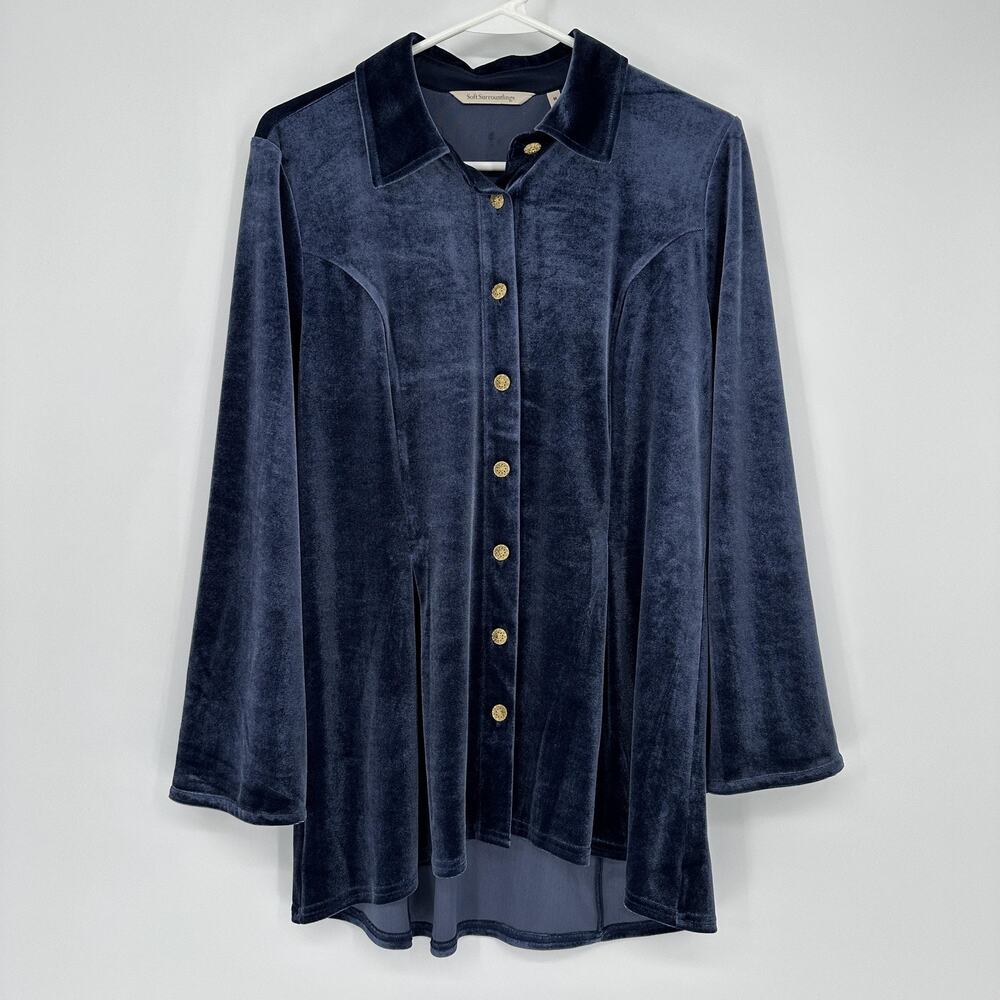 Soft Surroundings Blue Velvet Button Front Tunic Top Medium Luxe Boho Glam